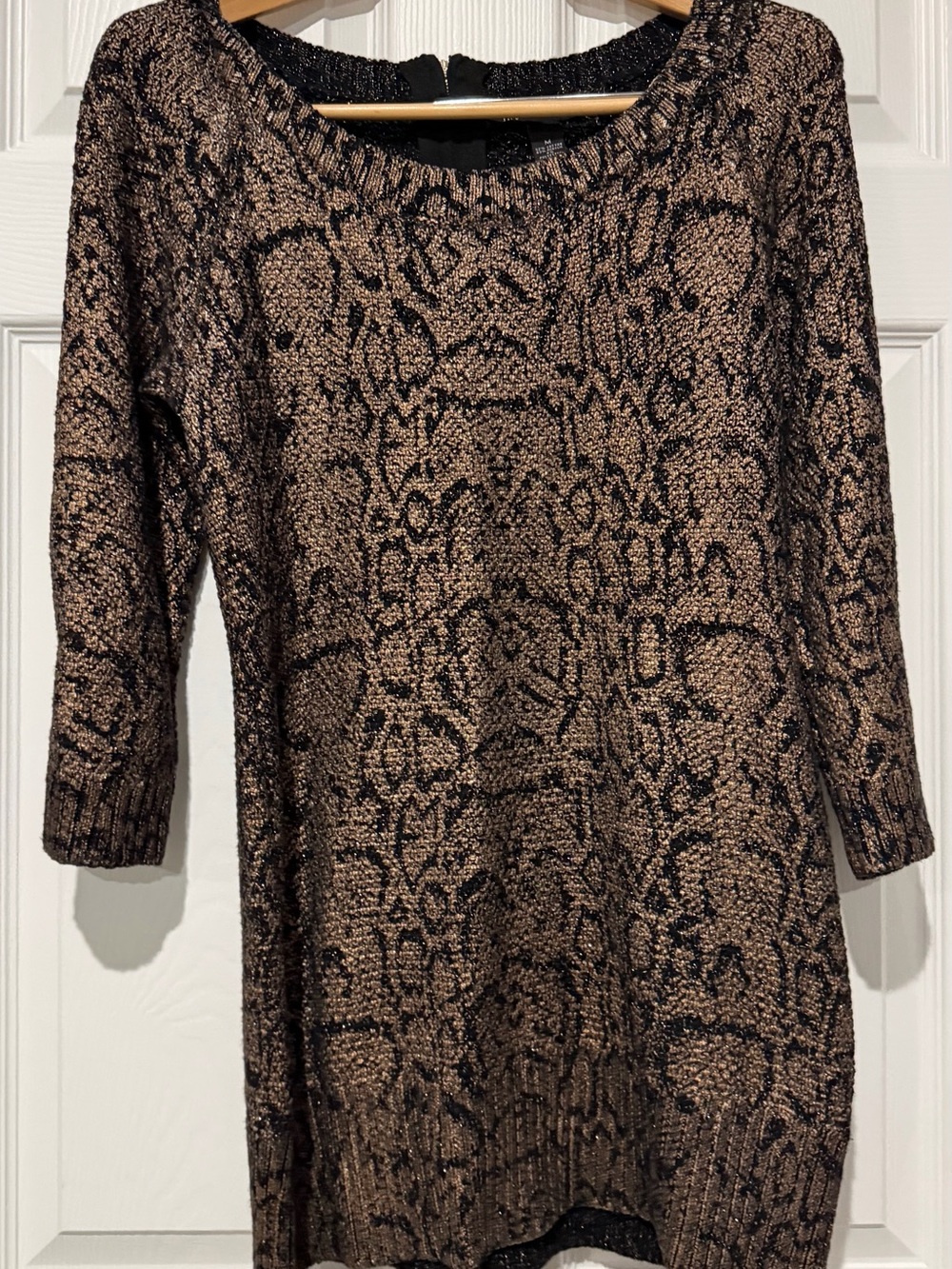 INC International Concepts Black and Bronze Metallic Knit Long Sleeve Dress